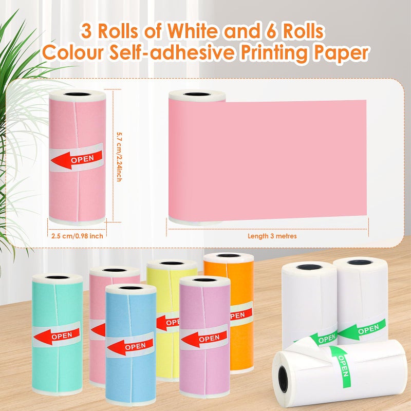 HuiJuKeJi 9 Rolls Mini Printer Sticker Paper Thermal Self-Adhesive Paper 57 * 25mm 3 Rolls of White &6 Rolls of Colour Paper for Pocket Inkless Portable Bluetooth Printer to Print Photo Note - Image 2